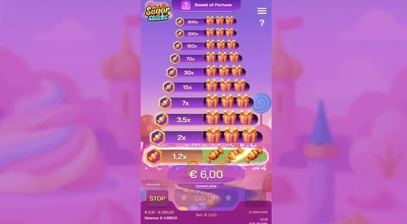 Sugar Stacks - vítězný krok s osvětlením aktuálního patra a počítadlem násobitelů
